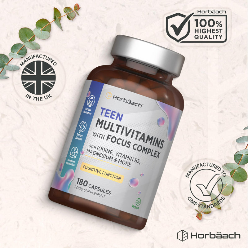 Multivitamin Tablets for Teenagers with Focus Complex | 180 Capsules | High Strength Complex with Vitamin B6, B5, Magnesium, Iron and Zinc | Vegan Supplement for Teens 13+ | By Horbaach