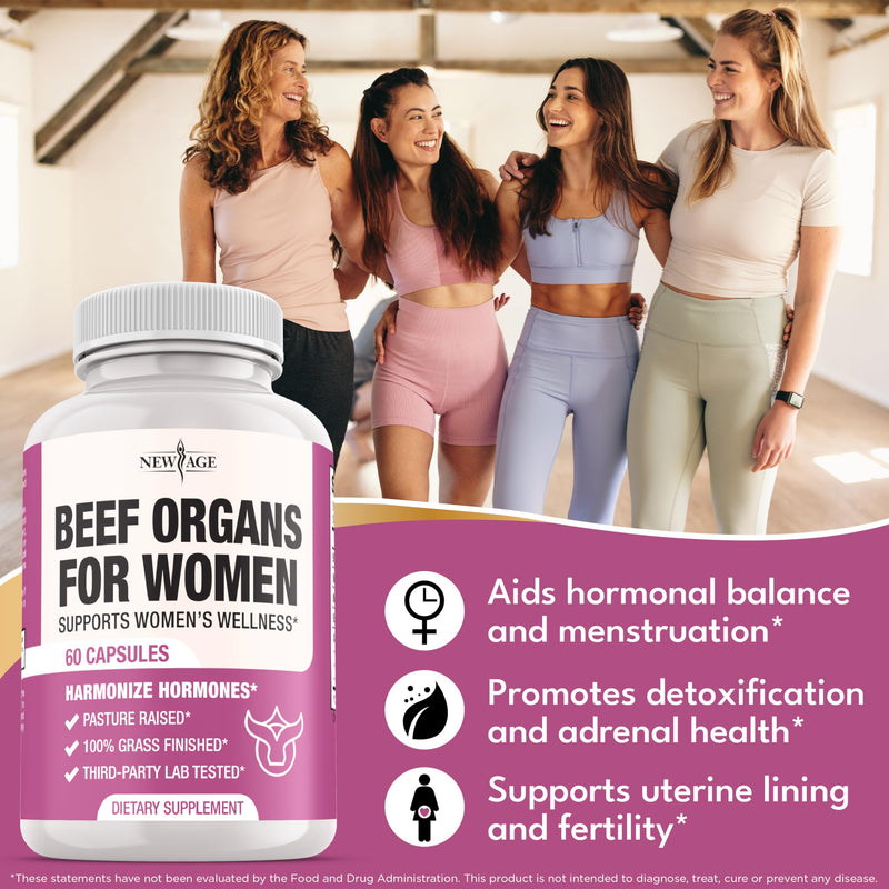[Australia] - NEW AGE Beef Organ Supplement for Women - Beef Liver, Kidney, Heart and Uterus Tissue, Supports Women's Overall Energy and Health - Pasture Raised, Grass Fed - No Fillers - 120 Capsules 60 Count (Pack of 2) 