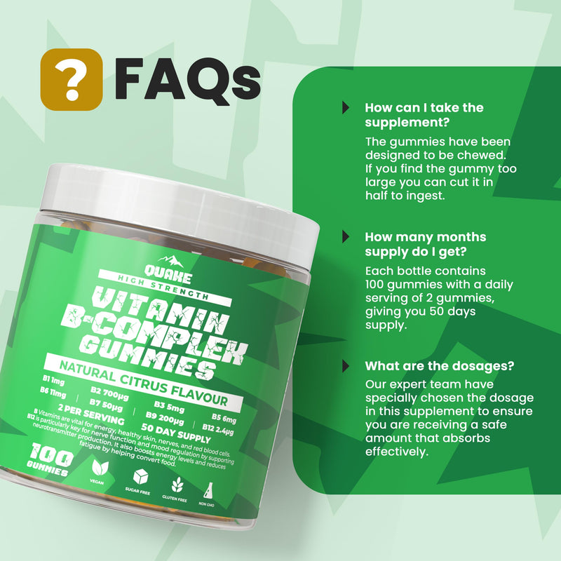 Quake Vitamin B Complex Gummies – High Strength B1, B2, B3, B5, B6, B7, B9 & B12 – Energy & Metabolism Support – Vegan, Sugar Free – Citrus Flavour – 100 Gummies (50 Day Supply)