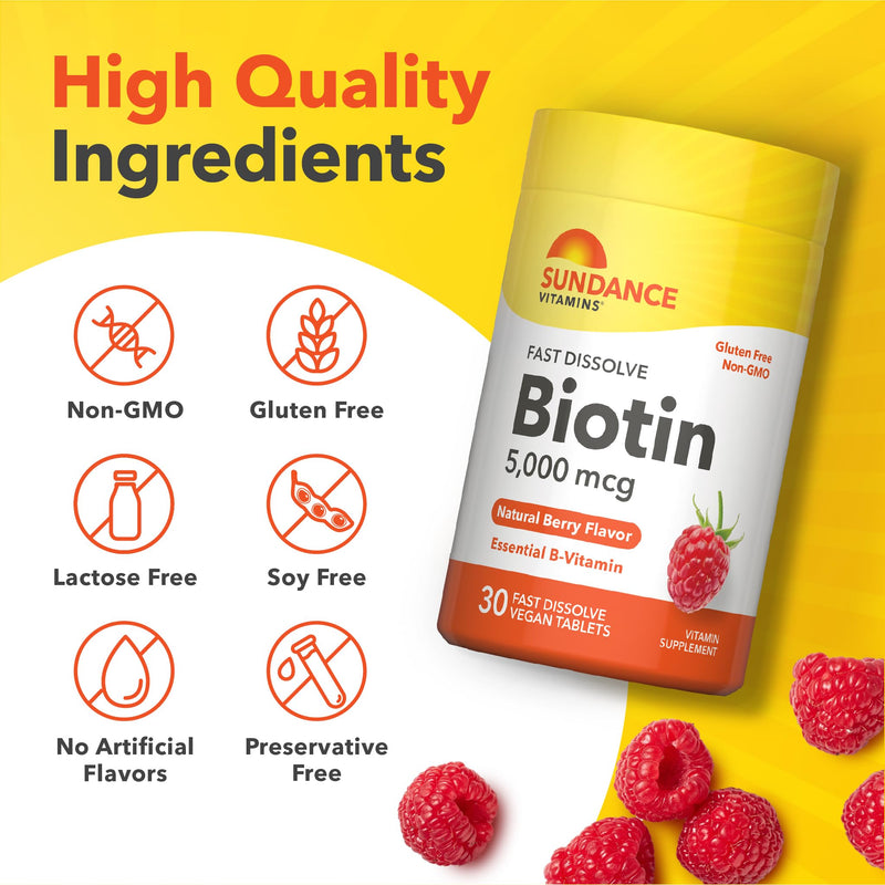Sundance Fast Dissolve Biotin 5000mcg | 30 Tablets | Essential B-Vitamin | Natural Berry Flavor | Vegetarian, Non-GMO, and Gluten Free Supplement