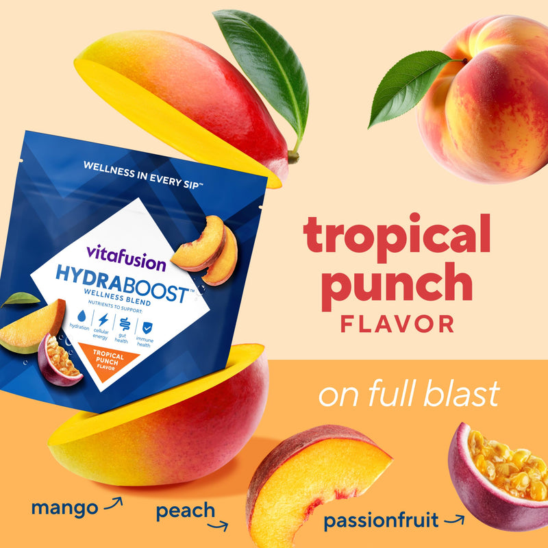 Vitafusion Hydraboost Drink Powder Packets, Electrolytes Support Daily Hydration, Vitamins Support Cellular Energy & Immune Health, Prebiotic Fiber Supports Gut Health, Tropical Punch, 15 Sticks