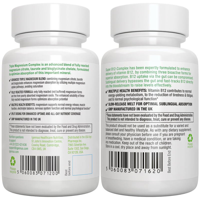 Triple Magnesium Complex + Super B12-Complex Energy Bundle, High Absorption Chelated Glycinate, Taurate & Citrate Magnesium + High Absorption Sublingual B12, Vegan, by Igennus