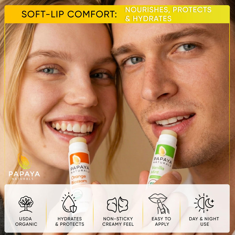 Papaya Naturals USDA Organic Lip Balm Set, 6 Pack – Organic Beeswax, Cocoa Butter & Vitamin E Lip Balm for Dry Lips – Moisturizing Natural Lip Care with Assorted Fruit Flavors