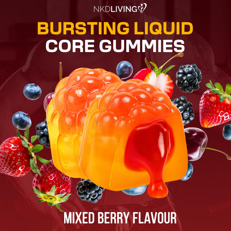 NKD Livng All-in-One Creatine Gummies - Mixed Berry Liquid Centre (120 Gummies)- 5g Creatine – BCAA 1000mg, L-Taurine, Collagen & B12 – Boost Muscle Strength. Chewable Pre-Workout Supplement