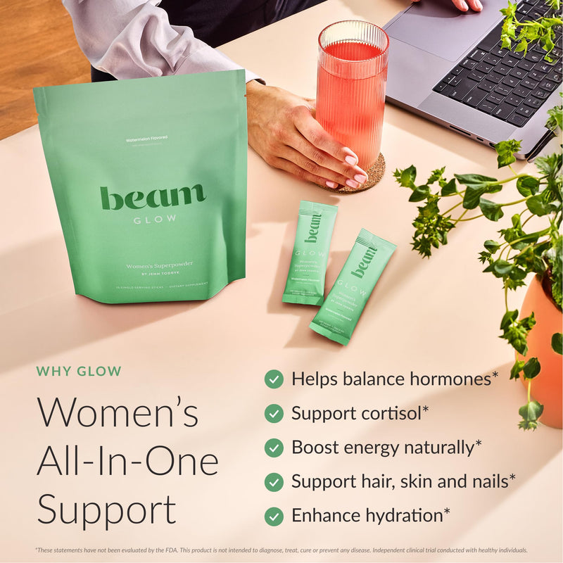 BEAM Glow Hormone Support & Cortisol Supplement for Women - Daily Vitamins for Women with Ashwagandha, Selenium, Zinc, Vitamin A, for Cycle Health, Mood & Energy, Watermelon, 15 Servings