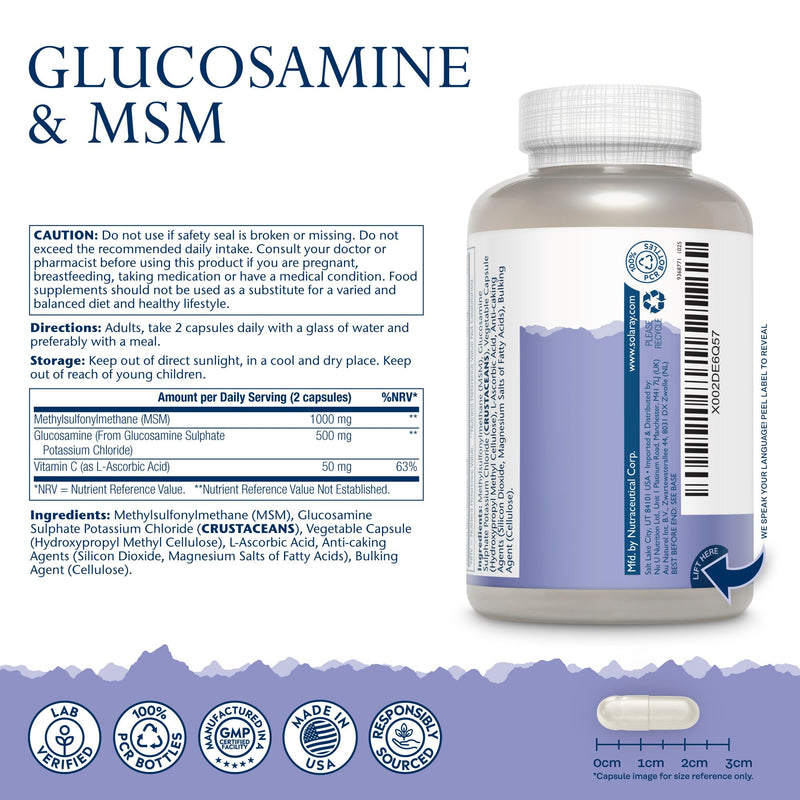 Solaray Glucosamine, MSM & Vitamin C – 180 Capsules – 3 Month Supply – Joint Complex for Men and Women with 500mg Glucosamine, 1000mg MSM & 50mg Vitamin C – Lab Verified