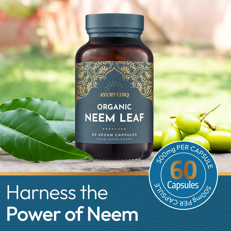 Ayurvediq Organic Neem Leaf Capsules x60 600mg (Azadirachta Indica) – Indian Lilac Neem Powder Organic – Detox, Immunity Support, Clear Skin Soil Association Organic Health and Wellbeing Supplements