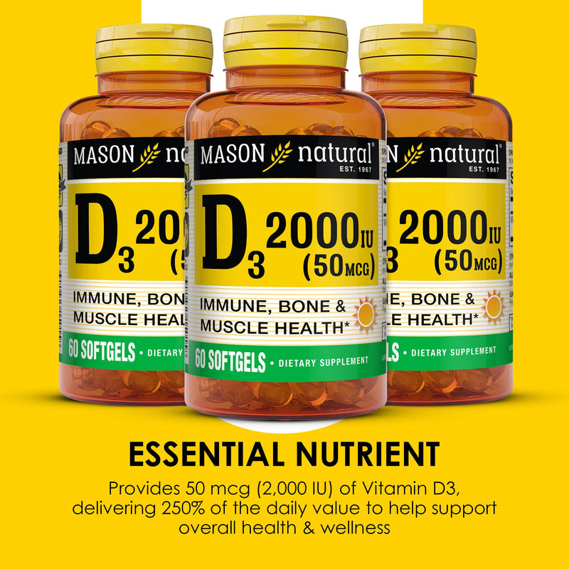 MASON NATURAL Vitamin D3 2000 IU Ultra Strength, 180 Day Supply | 50mcg (2000 IU) D3 from fish liver oil to support calcium absorption, strong bones, teeth & immune function; 180 softgels 60 Count (Pack of 3)