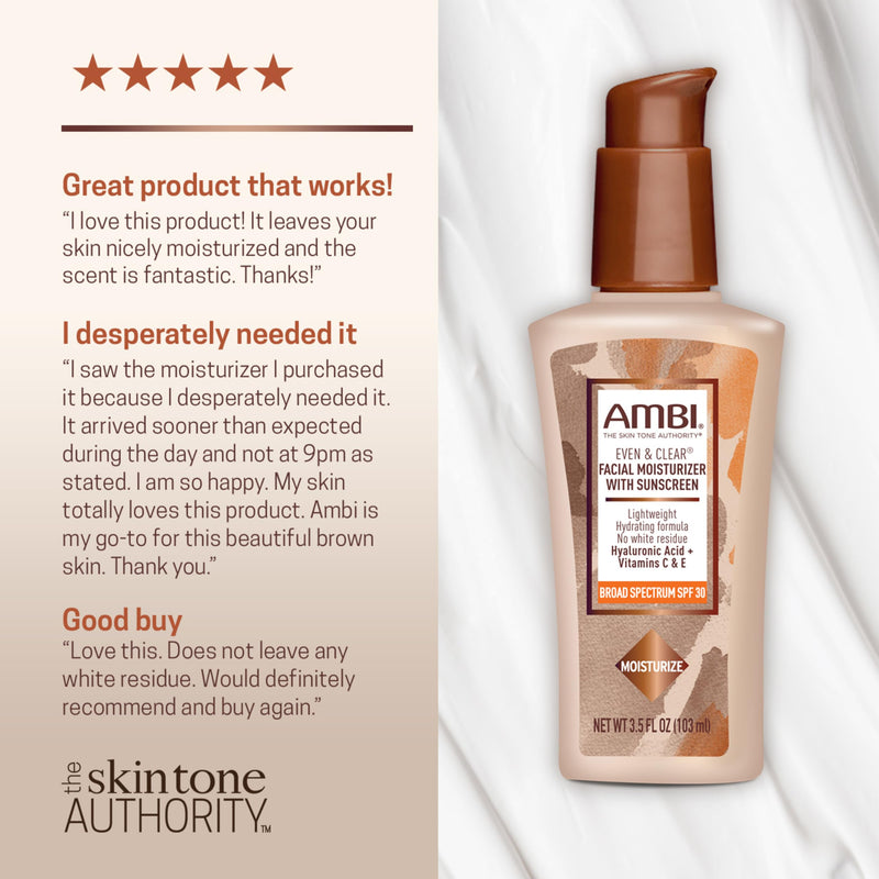 AMBI Even & Clear Facial Moisturizer SPF 30, Daily Face Lotion for Uneven Skin Tone, Hyaluronic Acid, Vitamins C & E, Lightweight Sunscreen, No White Cast, For All Skin Types, 3.5 Fl Oz