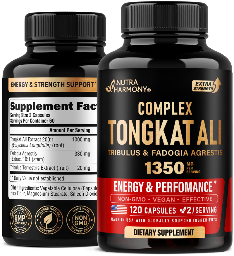 [Australia] - Tongkat Ali Men 1350mg Complex - Fadogia Agrestis | Tribulus Terrestris - Energy, Strength & Performance Support - Extra Strength 200:1 Extract - 3rd Party Tested, Made in USA - 120 Capsules / 2 Month 