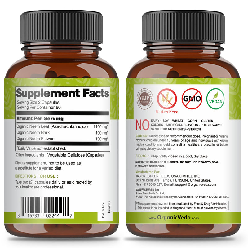 [Australia] - Organic Veda Neem Capsules with Triple Complex Neem Leaf Extract, Bark & Flower - Herbal Neem Supplement Boosts Immunity, Improves Digestion, Skin Health & Support Cleansing - 120 Count 
