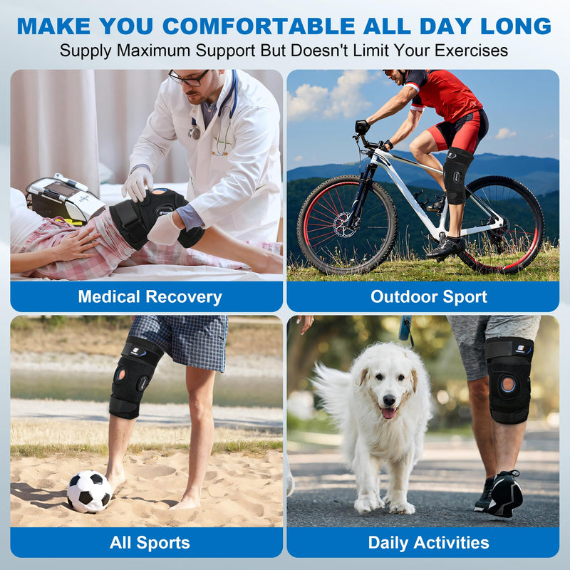 Knee Brace for Men & Women, Pull on Hinged Knee Support with Side Stabilizers and GEL Patella, X-Straps Fixing, Knee Braces for Knee Pain, Meniscus Tear, ACL, PCL, MCL, Arthritis, Right Left Leg Brace Large Black New