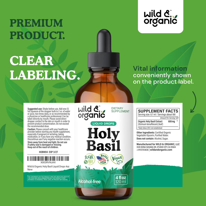 [Australia] - Wild & Organic Holy Basil Tincture - Relaxation & Calmness Support - Liquid Holy Basil Leaf Supplement - Tulsi Drops - Vegan, Sugar & Alcohol-Free Extract - 4 fl oz 4 Fl Oz (Pack of 1) 