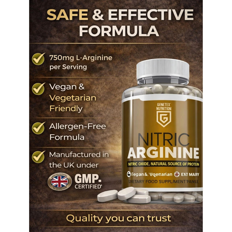 Nitric L-Arginine Natural Protein Source Supplement, Nitric Oxide Booster – Supports Performance, Energy & Stamina – 30 Capsules – Vegan & Vegetarian Friendly - UK Made Herbal Supplement