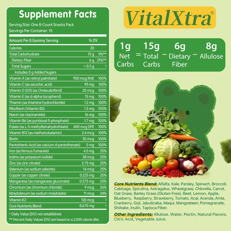 Sugar-Free Greens Gummies, Superfood Multivitamin Gummy for Adults, Greens Daily Gummies w/Spirulina, Chlorella, Adaptogens, Prebiotic Fiber & Fruit Veggie for Digestive Health, 120 Count