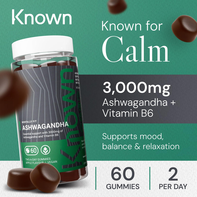 Known 3000mg High Strength Ashwagandha Gummies – Apple Flavour – Chewable Vegan Gummy Supplement – Energy, Mood & Wellbeing Support – 1 Month Supply – Root Extract with Vitamin B6 – for Men & Women 60 Count (30 Day Supply) Bottle