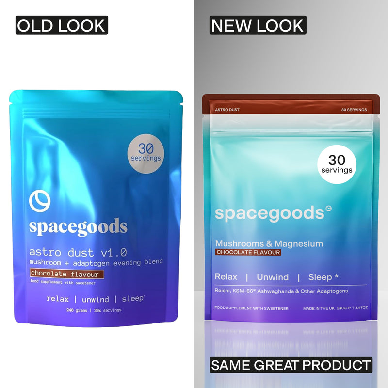 Spacegoods Astro Dust 240g ℮, 30 Servings, Contains Magnesium and Ashwagandha, Relax Unwind & Sleep Deeply, Soothe Body & Mind, Chocolate Flavour 240 g (Pack of 1)