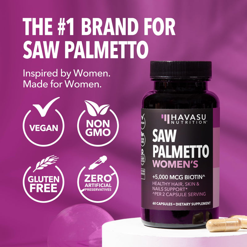 Saw Palmetto for Women with Bitoin 5000mcg Per Serving, 30-Day Supply | Vegan, Non-GMO DHT Blocker for Women for Hair, Skin and Nails, Saw Palmetto Extract with Biotin for Thicker Looking Hair 60 Count (Pack of 1)