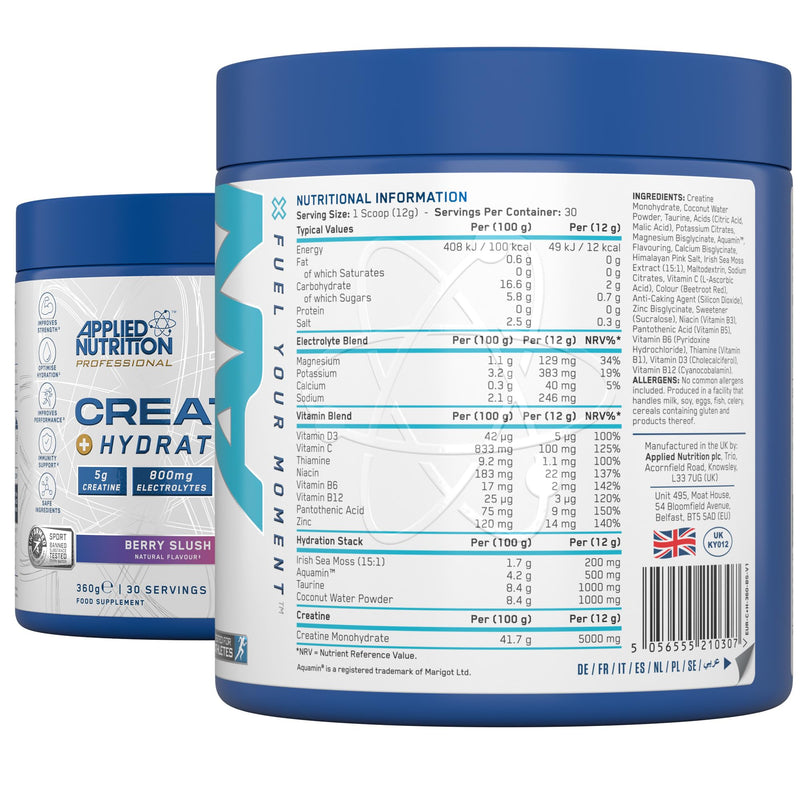Applied Nutrition Creatine + Hydration Powder | Creatine Monohydrate, Electrolytes & Vitamins for Recovery & Hydration | Berry Slush | Informed-Sport Certified | 360g | 30 Servings 30 Servings (Pack of 1)