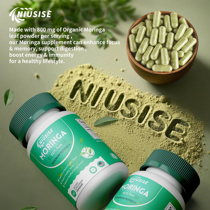 NIUSISE Moringa Powder Capsules, Organic Supplement 800mg Green Superfood from Moringa Leaf, Super Supplement Supports for Energy, Gut & Skin Health, Essential Vitamins, Vegan - 60 Capsules 60 Count (Pack of 1)