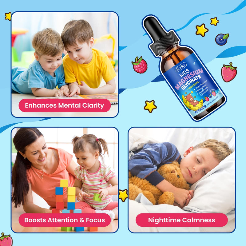 Magnesium Glycinate for Kids - Magnesium Glycinate Liquid Drops with L-Theanine Omega-3, Vitamin B6, D3, Zinc - Support Sleep, Relaxation, Calm & Focus - 2 Fl Oz, Mixed Berry Flavor 2 Fl Oz (Pack of 1)
