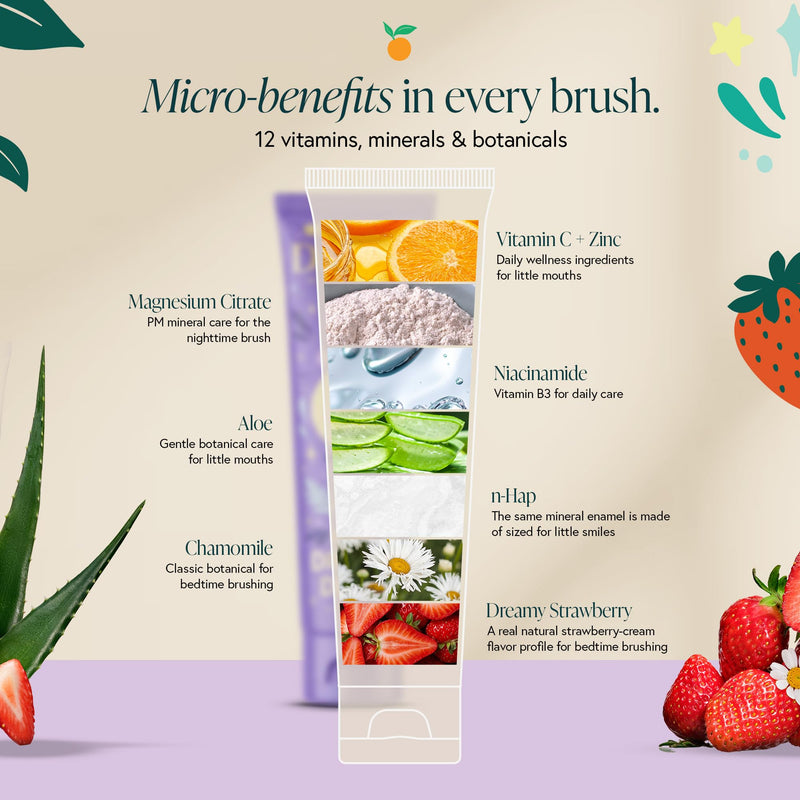 DAYLY Fluoride-Free Toothpaste - Nano Hydroxyapatite Toothpaste with Vitamins & Botanicals for Teeth Whitening and Enamel Remineralizing Support, 4 oz (PM | Dreamy Strawberry, Kids) PM | Dreamy Strawberry
