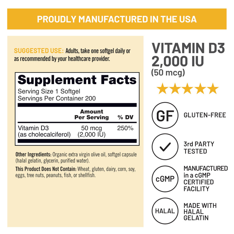 NatureWise Vitamin D3 2000IU Supplement, Immune Support - 200 Mini Softgels | Vitamin D 50 mcg - Organic Extra Virgin Olive Oil - Muscle & Bone Support - Gluten Free & USA Manufactured - 30-Day Supply 200 Count (Pack of 1) 2000 IU