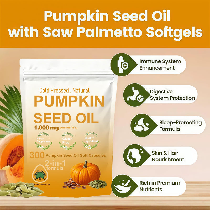 300 Pumpkin Seed Oil Capsules, 2-in-1 Pumpkin Seed Oil, Rich in Natural Essential Fatty acids, Used for Hair Growth, Heart, 100% Natural Cold Pressing, Skin Supplement, Non GMO, Gluten Free