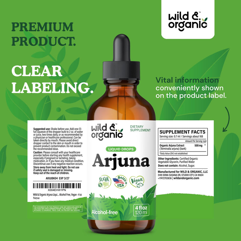 [Australia] - Wild & Organic Arjuna Bark Tincture - Overall Well-Being Supplement - Alcohol-Free Liquid Drops - Terminalia Arjuna Bark Extract - No Sugar & Additives, Non-GMO - 4 fl oz 4 Fl Oz (Pack of 1) 