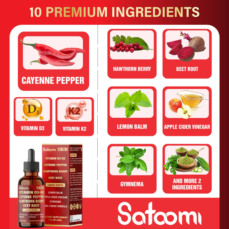 Satoomi 10in1 Cayenne Pepper Liquid Drops with Vitamin D3, Vitamin K2, Hawthorn Berry, Beet Root, Lemon, Apple Cider Vinegar, Gymnema, Moringa, Bitter Melon - Digestion Support - 30ml - 60 Day Supply