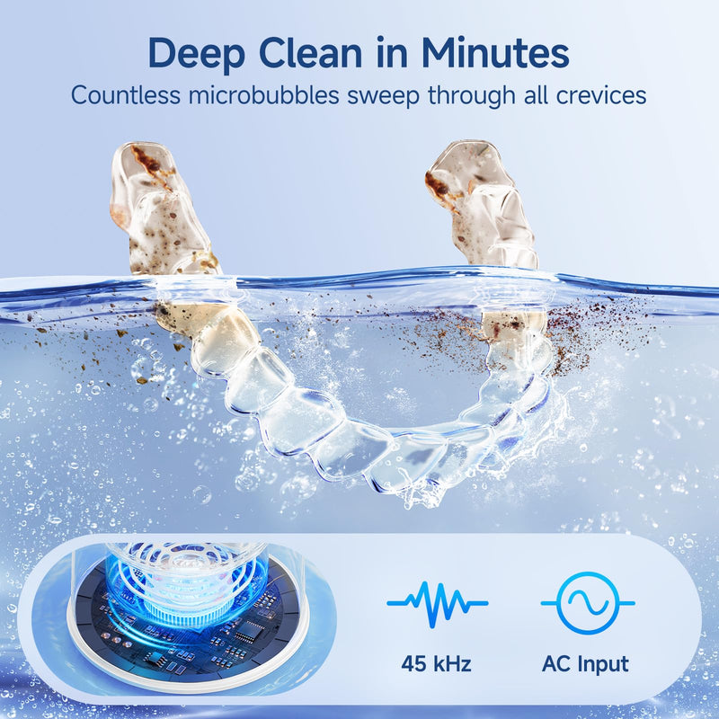 [Australia] - Ultrasonic Retainer Cleaner Machine - 45kHz Dental Clean Pod with 6 Cleaning Lights for Denture, Toothbrush Head, Aligner, Night/Mouth Guard, Jewelry, Ultra Sonic Cleaner with Lifting Tray 