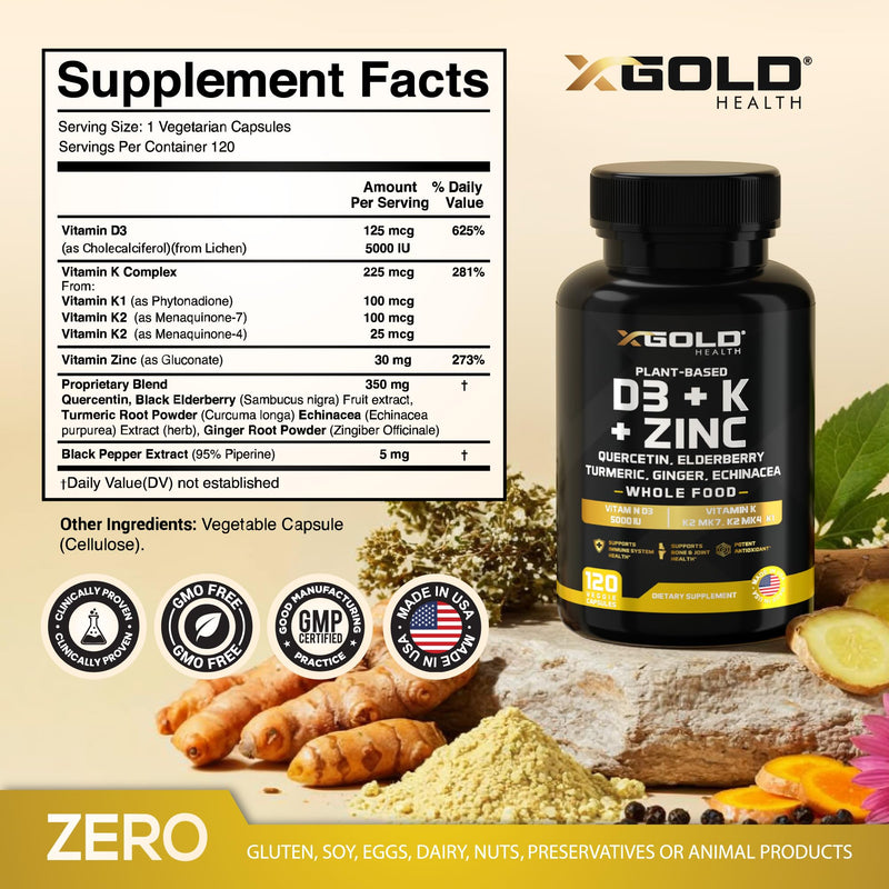 Vitamin D, K2, K1, Zinc, Quercetin, Elderberry, Turmeric, Ginger & Echinacea Whole Food Supplement 8 in 1- D3 5000 IU Plant-Based from Lichen, Vitamin K (K2 MK7, MK4, K1), D3 K2 Vitamins -120 Capsules 120 Count (Pack of 1) Vitamin D3 Complex