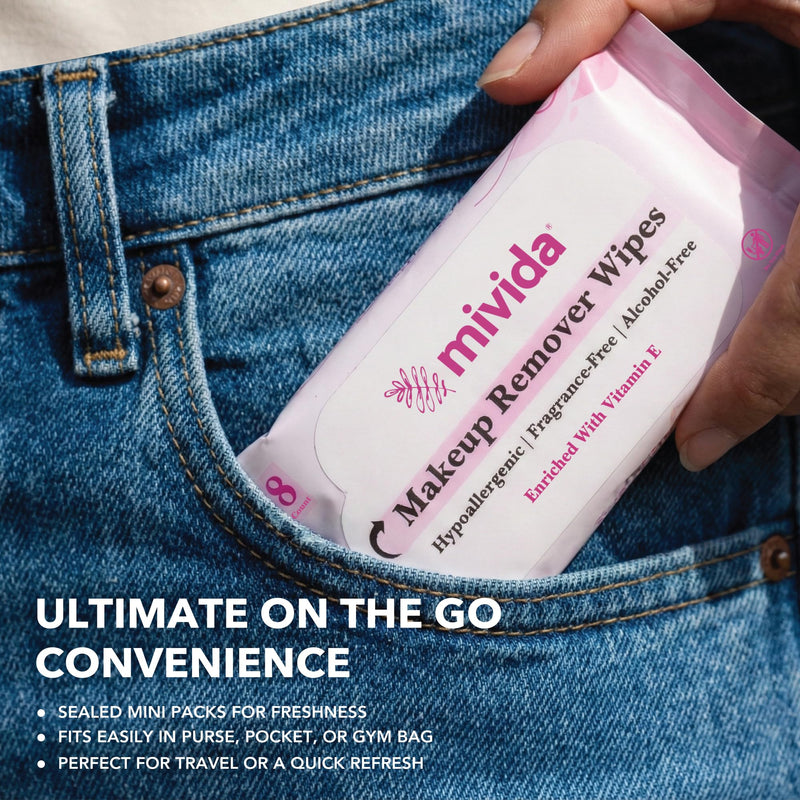 mivida Hypoallergenic Mini Makeup Remover Wipes Travel Size With Vitamin E, 80ct (8×10), Dermatologist Tested & Clinically Tested Makeup Wipes, 10 Packs 8 Count (Pack of 10)