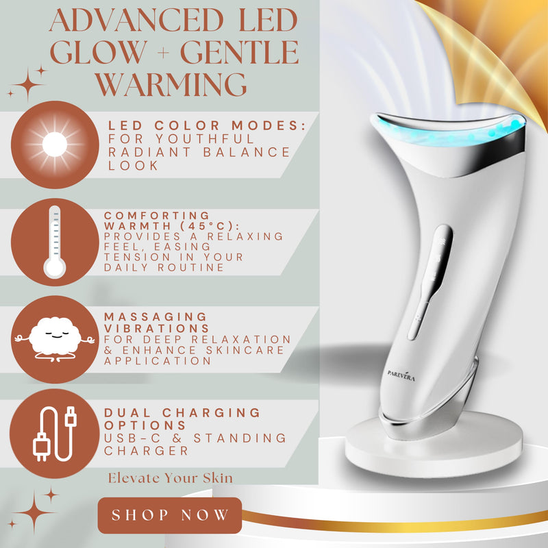 Microcurrent Heat & Vibration Facial Wand - Red Light Anti-Aging Massager for Collagen Boost, Wrinkle & Puff Reduction | 3-Mode LED Glow Device for Skin Firming & Tightening