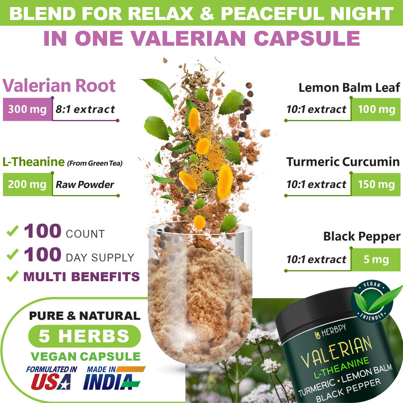 [Australia] - 5in1 Valerian Root Capsules Plus L-Theanine, Lemon Balm, Turmeric and Black Pepper for Relaxation, Restful Night, Digestion & Immune Support - 100 Count 