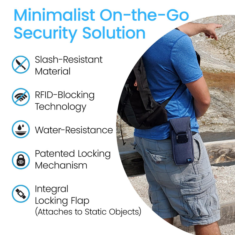Mini Portable Travel Safe Anti-Theft Lock Box Beach Pool Hotel Gym | Blue mini safe in cut-resistant nylon. Water-resistant with RFID blocking. For phones and valuables at the beach or hotel.