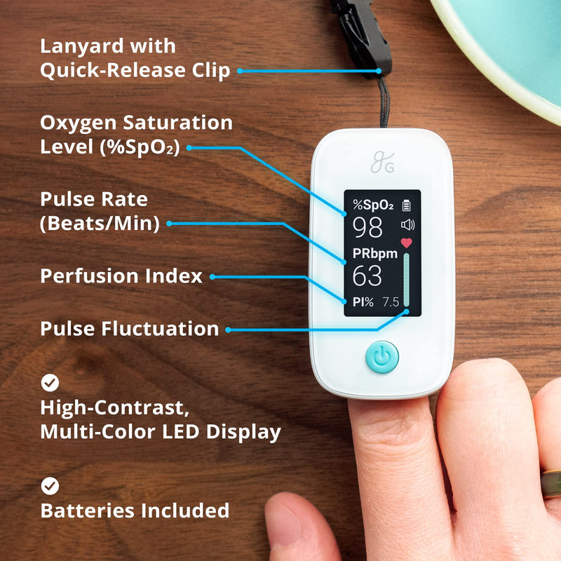 [Australia] - Greater Goods Fingertip Pulse Oximeter, With Plethysmograph and Perfusion Index, Measures SpO2 levels, Heart rate, Pulse, Includes Lanyard and Batteries 