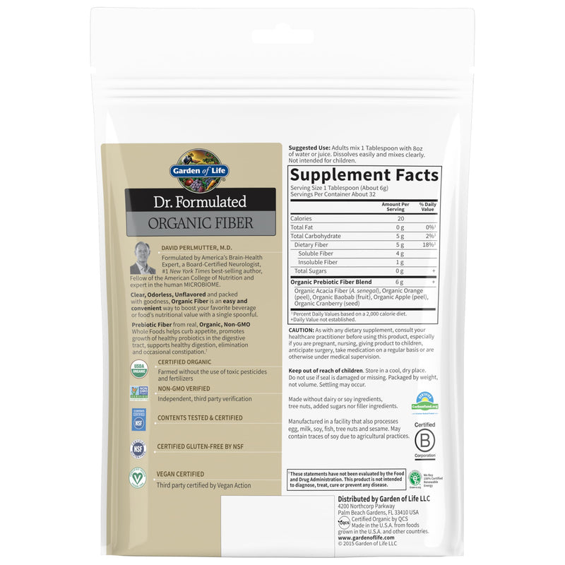[Australia] - Garden of Life Dr Formulated Organic Fiber Supplement Powder Unflavored, Sugar Free, Psyllium Free Prebiotic Superfoods, Constipation Relief and Hunger Control for Men and Women, 32 Servings 32 Servings (Pack of 1) 