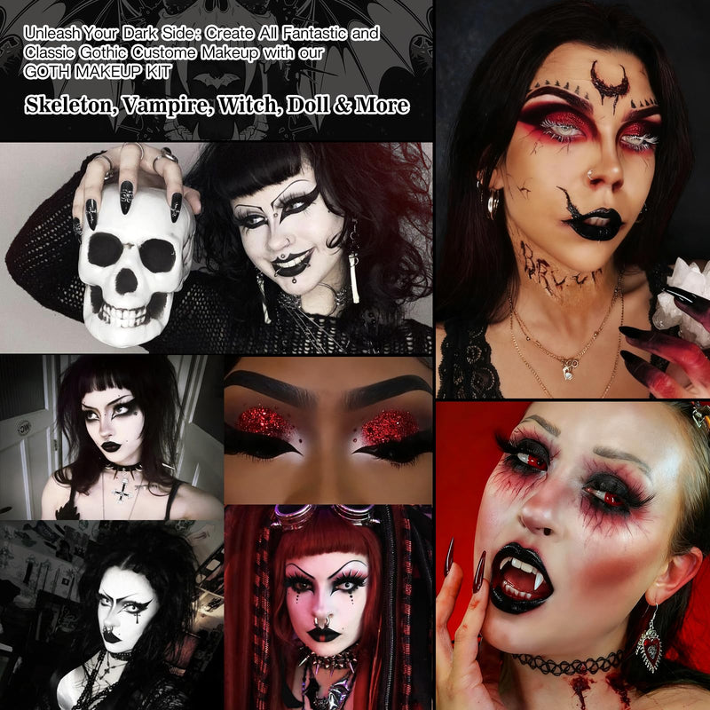 [Australia] - Halloween Goth Makeup Kit, Complete Gothic SFX Makeup Set with White Foundation, Black Red Eyeshadow Palette, Black Lipstick, Eyelashes, Eyeliner, Fake Nails for Clown, Vampire, Emo, Cosplay, Theater 
