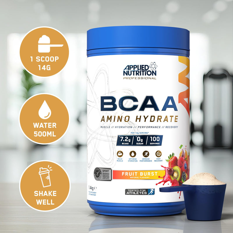 Applied Nutrition Bundle BCAA Amino Hydrate Powder 1.4kg + Lifestyle Water Bottle 1000ml | Branched Chain Amino Acids Supplement, Electrolytes, B Vits, Intra Workout & Recovery Drink (Fruit Burst) Fruit Burst