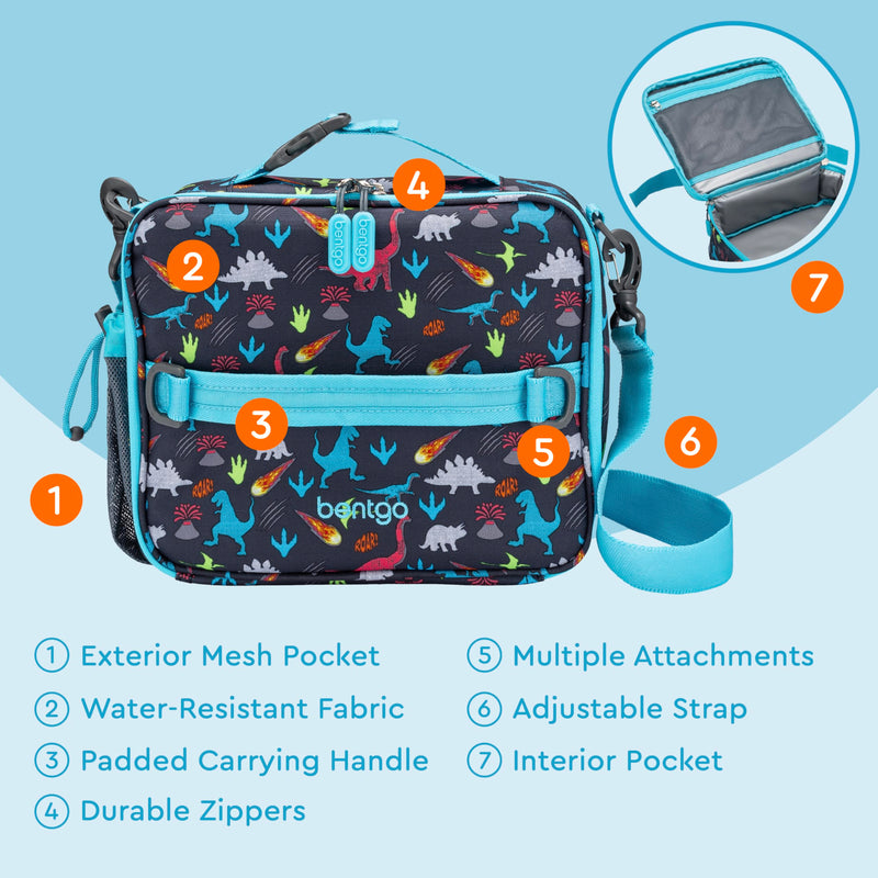 [Australia] - Bentgo® Kids Lunch Bag - Durable, Double-Insulated Lunch Bag for Kids 3+; Holds Lunch Box, Water Bottle, & Snacks; Easy-Clean Water-Resistant Fabric & Multiple Zippered Pockets (Dinosaur) Dinosaur 