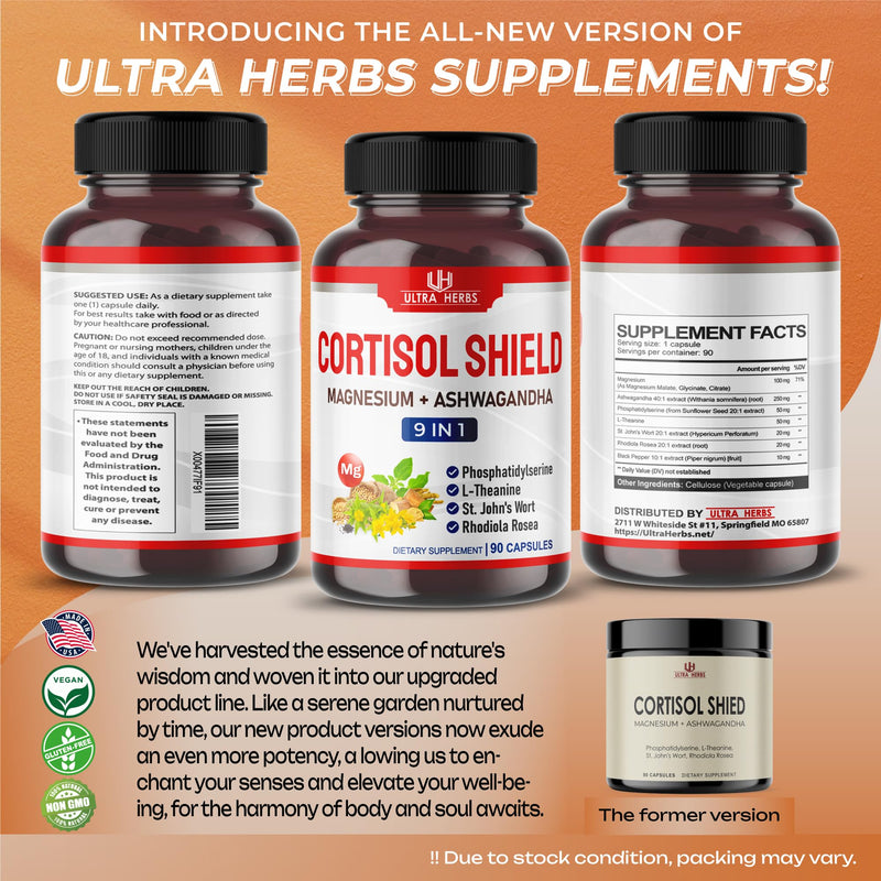 [Australia] - CORTISOL SHIELD 9 in 1-15,250mg Magnesium + Ashwagandha with Phosphatidylserine, L-Theanine, St. John's Wort, Rhodiola Rosea - Relaxation Support, Hormone Balance- USA made (90 count (pack of 1)) 90 Count (Pack of 1) 