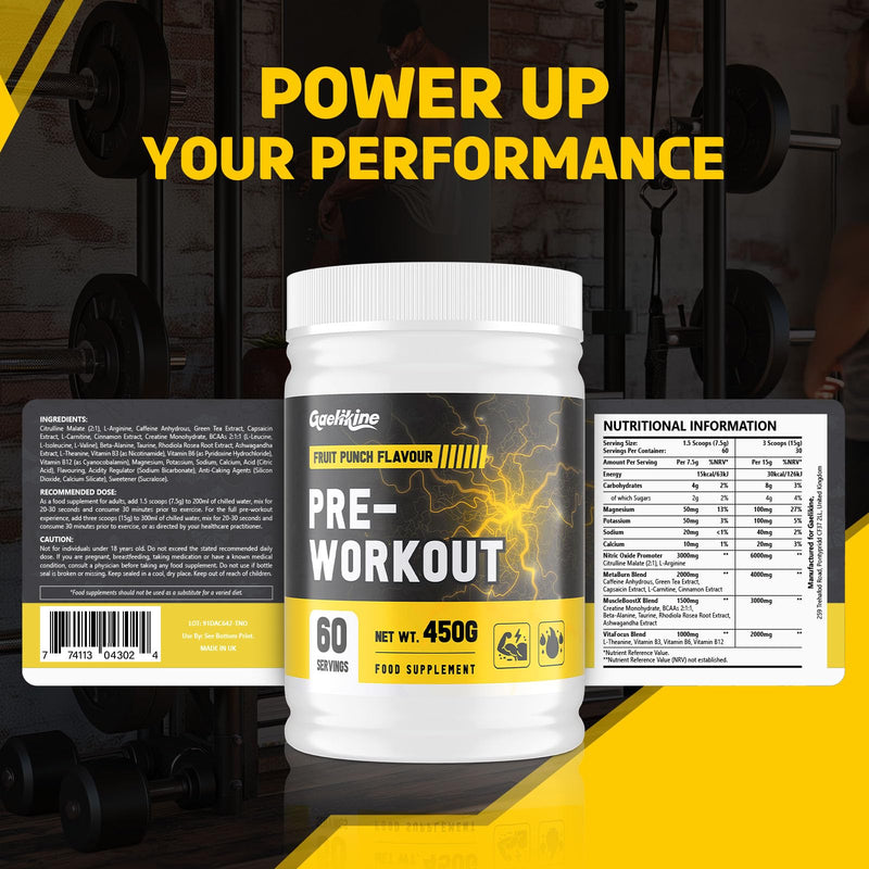 Pre Workout Powder – 60 Servings, 450g – Energy, Focus & Endurance – with Citrulline, BCAAs, Caffeine & Ashwagandha – Fruit Punch Flavour – Performance Supplement for Workout Enthusiasts