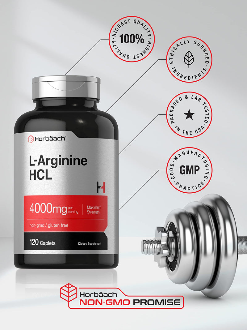 Horbäach L-Arginine 4000mg | 120 Caplets | Maximum Strength Nitric Oxide Precursor | Vegetarian, Non-GMO, Gluten Free Supplement 120 Count (Pack of 1)