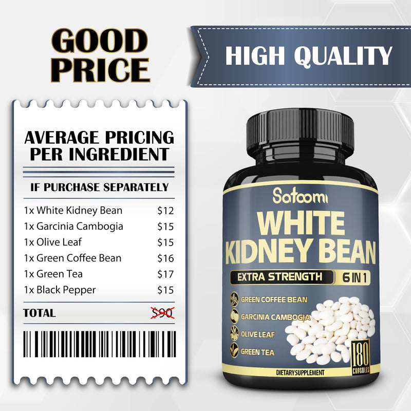 [Australia] - Satoomi 6in1 White Kidney Bean Extract Capsules - 6 Month Supply - Extra Blend with Olive Leaf, Green Coffee Bean & Green Tea - 180 Counts 