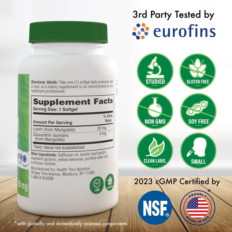 [Australia] - Lutein 20mg with Zeaxanthin 4mg 180 Softgels | All-Trans Marigold Extract in Nature Identical 5:1 Ratio | Supports Healthy Eye, Skin and Brain | Non-GMO Soy & Gluten Free | by Health Thru Nutrition 180 Softgels (Pack of 1) 