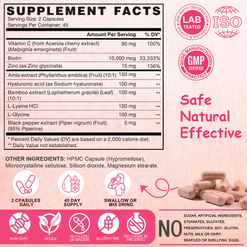 Vegan Collagen Booster with Biotin 10,000 mcg, Hyaluronic Acid, Bamboo Silica, Vitamin C & Zinc, Plant Based Hair Skin & Nails Support for Women & Men, 90 Vegan Capsules Fruit 90 Count (Pack of 1)
