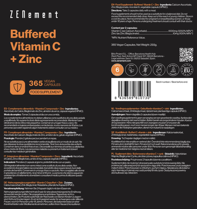 Buffered Vitamin C with Zinc Bisglycinate - 1000 mg Vitamin C + 10 mg Elemental Zinc per Daily Serving (2 Capsules) - Neutral pH, Gentle on the Stomach - for the Immune System - Vegan