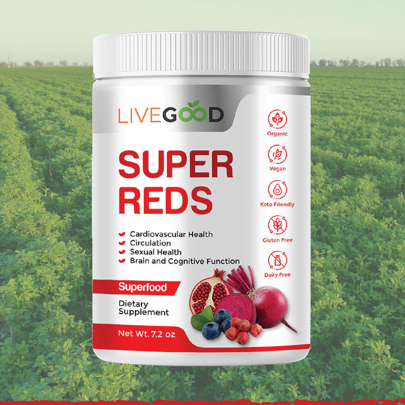 [Australia] - LIVEGOOD™ Organic Super Reds with Alfalfa, Barley Grass, Beet Root, Pomegranite, Grape Seed, Vegan, Gluten Free, 7.2 oz. 
