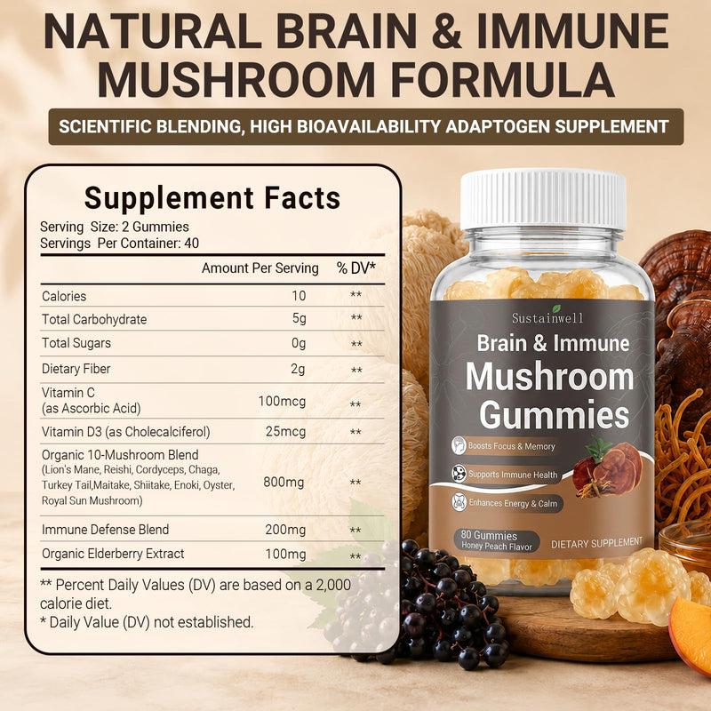 Brain & Immune Mushroom Gummies with Organic 10-Mushroom Blend, Elderberry, Vitamin C & D3 | for Focus, Memory, Immune Support & Balanced Energy, Honey Peach Flavor, 80 Gummies